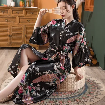 Халат, китайский женский длинный халат, кимоно с цветочным принтом и павлином, свадебные халаты подружки невесты, сексуальная пижама