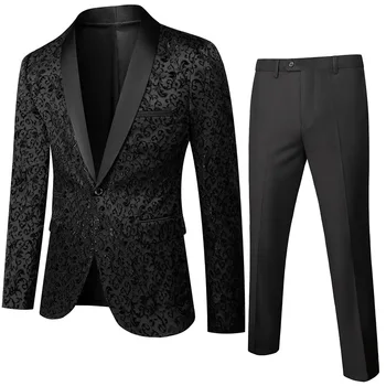 Черный костюм из 2 предметов (куртка + брюки), мужской, с вышивкой на одной пуговице, приталенный, Модный, повседневный, свадебный, сценический, мужской костюм