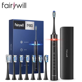 Электрическая зубная щетка Fairywill P80 с умным таймером, бесшумная, водонепроницаемая, IPX7, быстрая зарядка, 8 сменных головок, 5 режимов с дорожным футляром