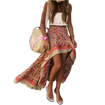 Юбка с богемным принтом, Цветочная юбка Макси с богемным принтом, высокая талия, нерегулярный подол, эластичный пояс для дамского отдыха или пляжа